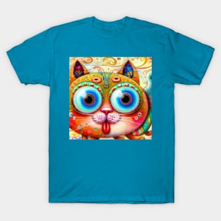 Chaotic and Colorful Fantasy Cat sticking out its Tongue T-Shirt